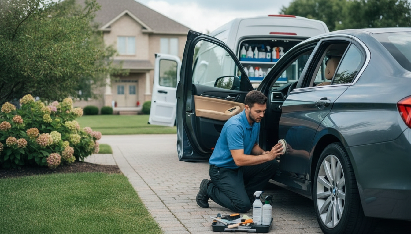Mobile detailing van in driveway while technician conditions leather seats for on-site repair in Mississauga