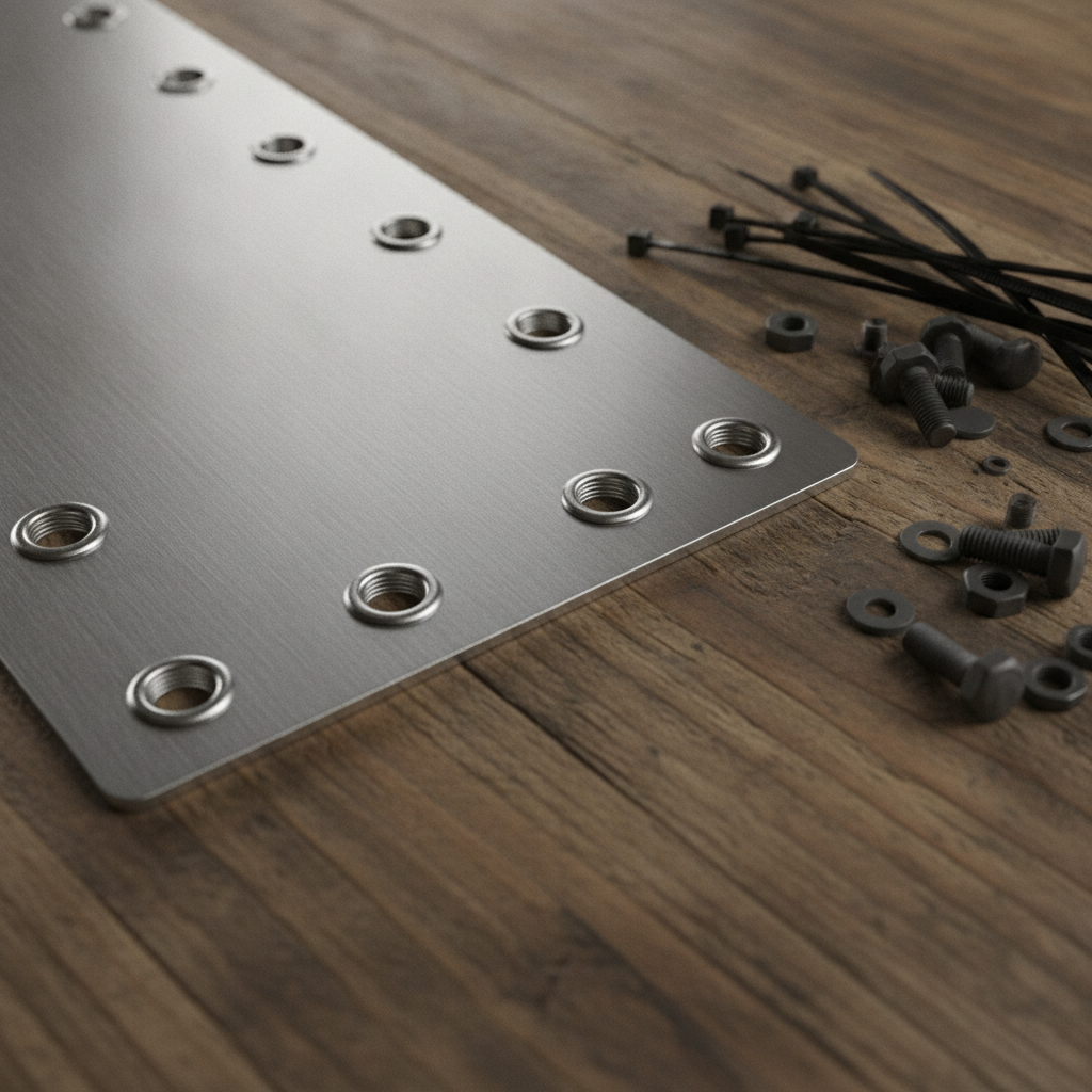 Close-up of blank aluminum real estate name rider with grommets and mounting hardware for yard signs