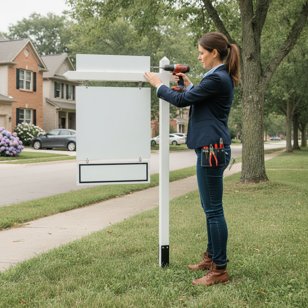 Agent installing a blank real estate rider panel on a yard sign post in a residential street
