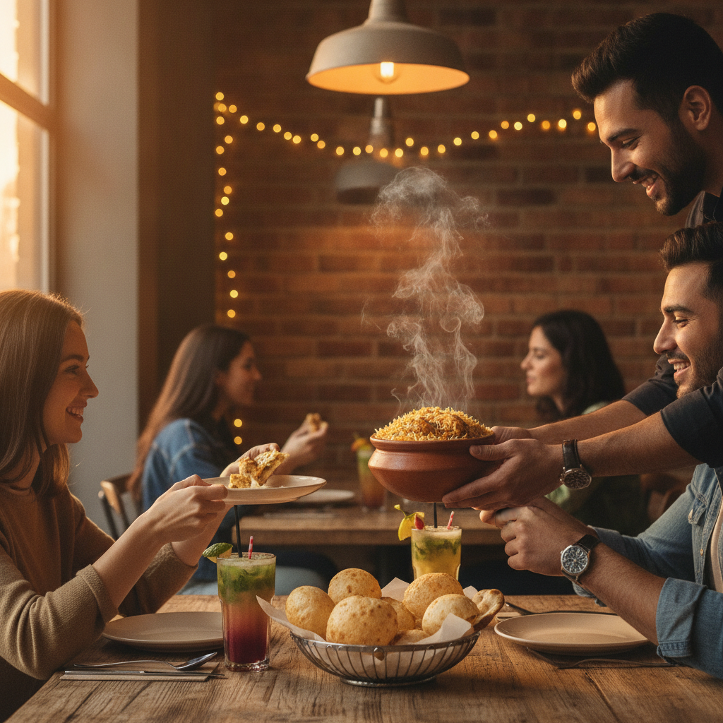 Server presenting a steaming handi of biryani to a group at a casual Indian fusion restaurant, perfect for choosing the right biryani for sharing