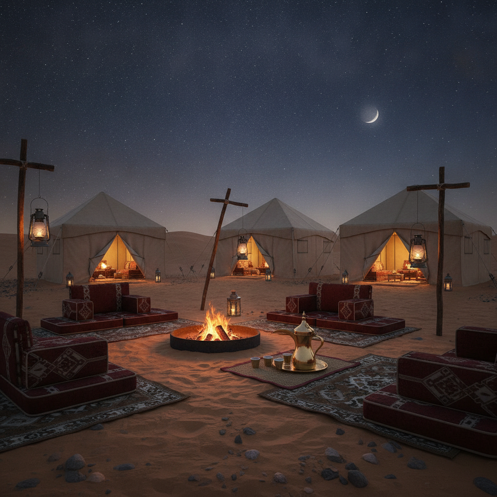 Evening Dubai desert camp with lanterns, low seating, and Arabic coffee