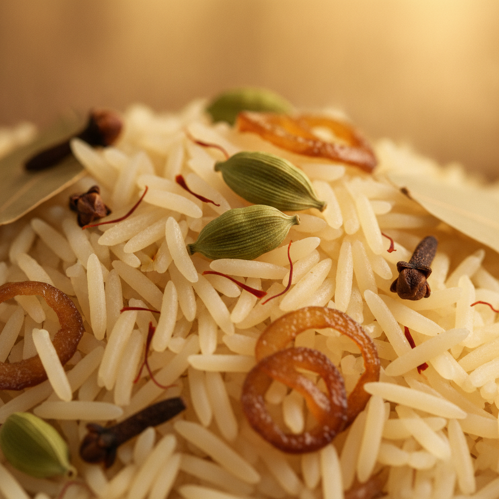 Close-up of fluffy long-grain basmati rice with whole spices and caramelized onions for choosing the right biryani