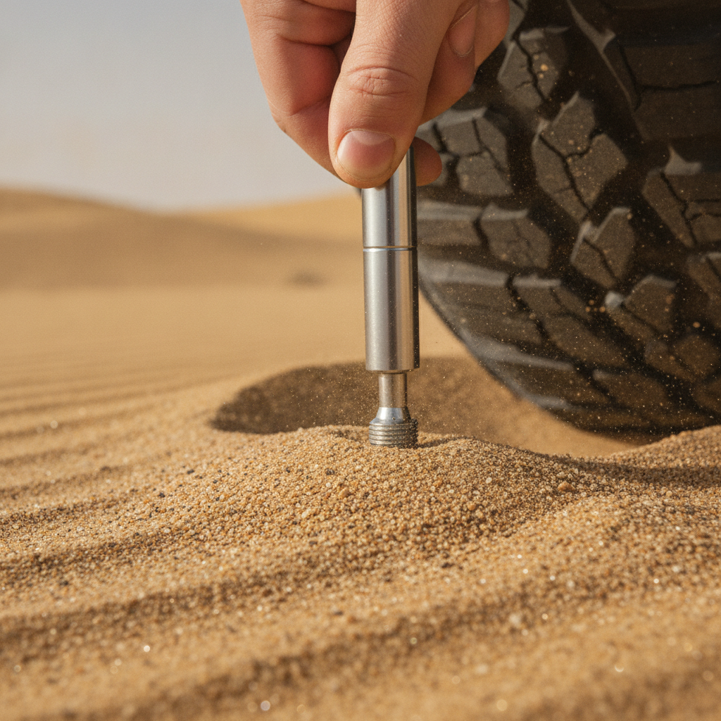 Close-up of tire deflation before Dubai dune bashing on a desert safari tour