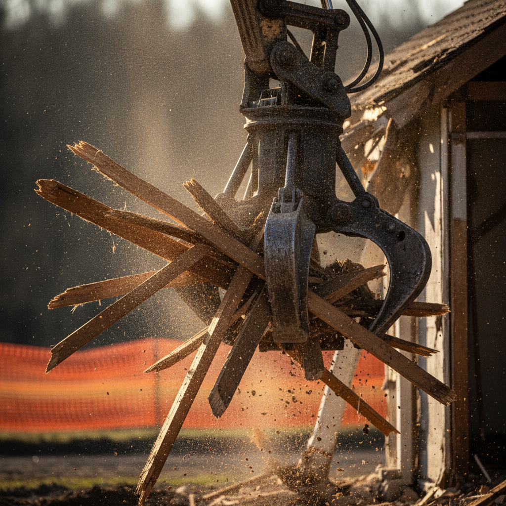 Detail view of demolition excavator removing timber trusses during a knockdown-rebuild