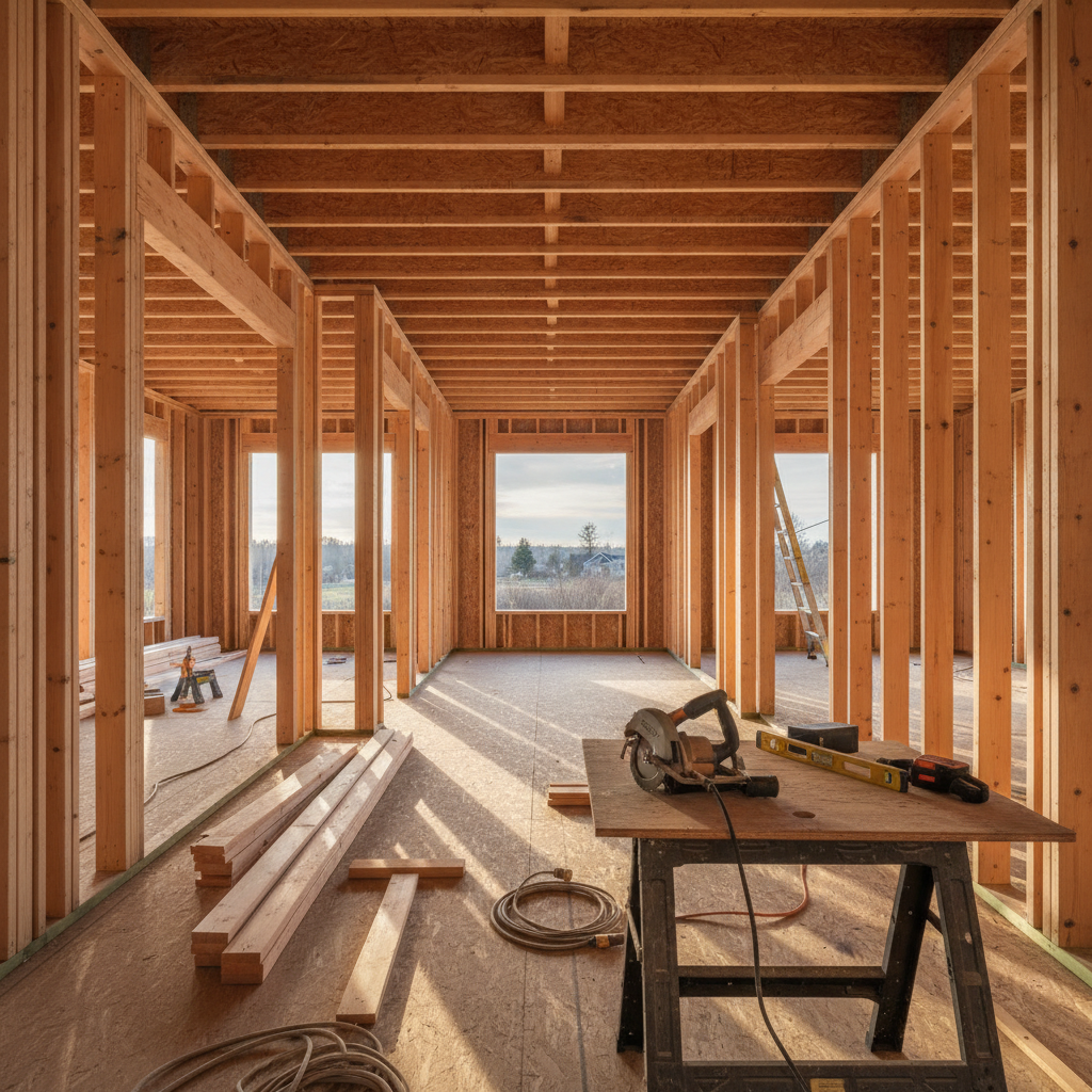 Interior framing stage of a new home after knockdown, showing aligned studs and joists for efficient services routing