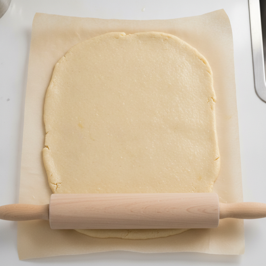 Rolling smooth cashew burfi dough between parchment for a thin, glossy barfi finish