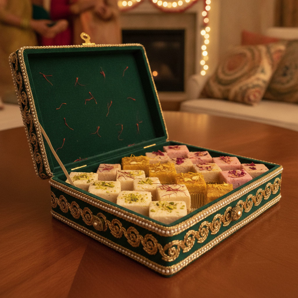 Gift-ready mithai box with assorted barfi including cashew burfi for Brampton celebrations