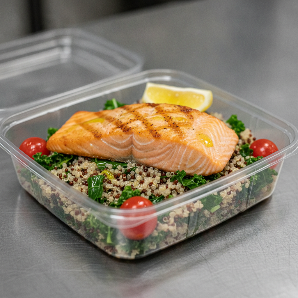 Individually packaged gourmet office lunch with salmon, quinoa, and greens for corporate catering in Woodbridge