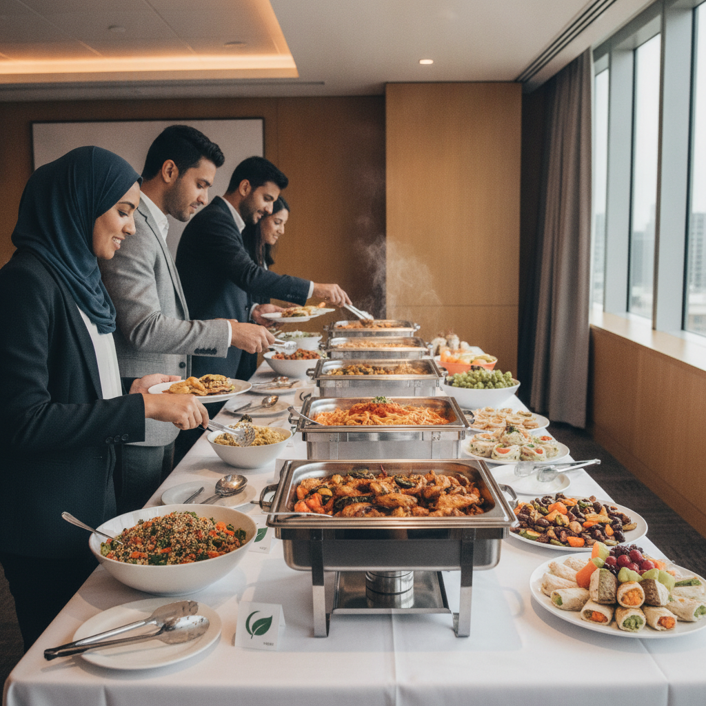 Buffet-style gourmet corporate lunch in a modern meeting room with inclusive dietary zones