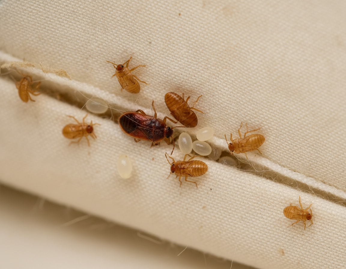 Macro detail of a bed bug with eggs on a mattress seam, illustrating inspection during bed bug treatment options