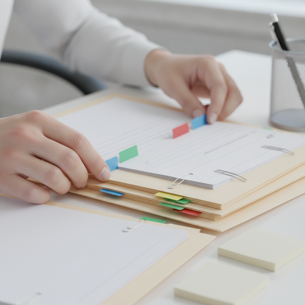 Close-up of organized legal folders and forms showing paralegal assistance workflow in Ontario