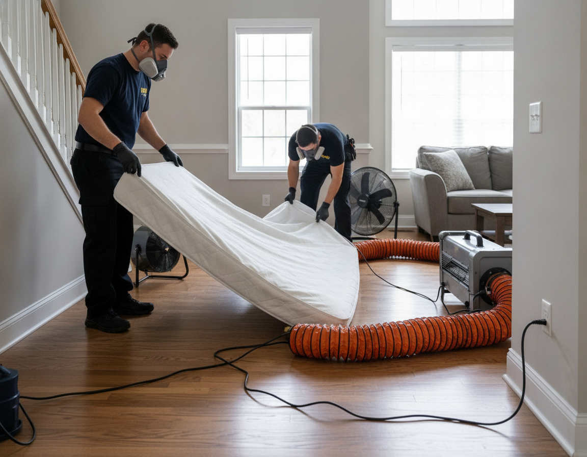Residential bed bug heat treatment setup with technicians preparing encasements and equipment in a home entryway