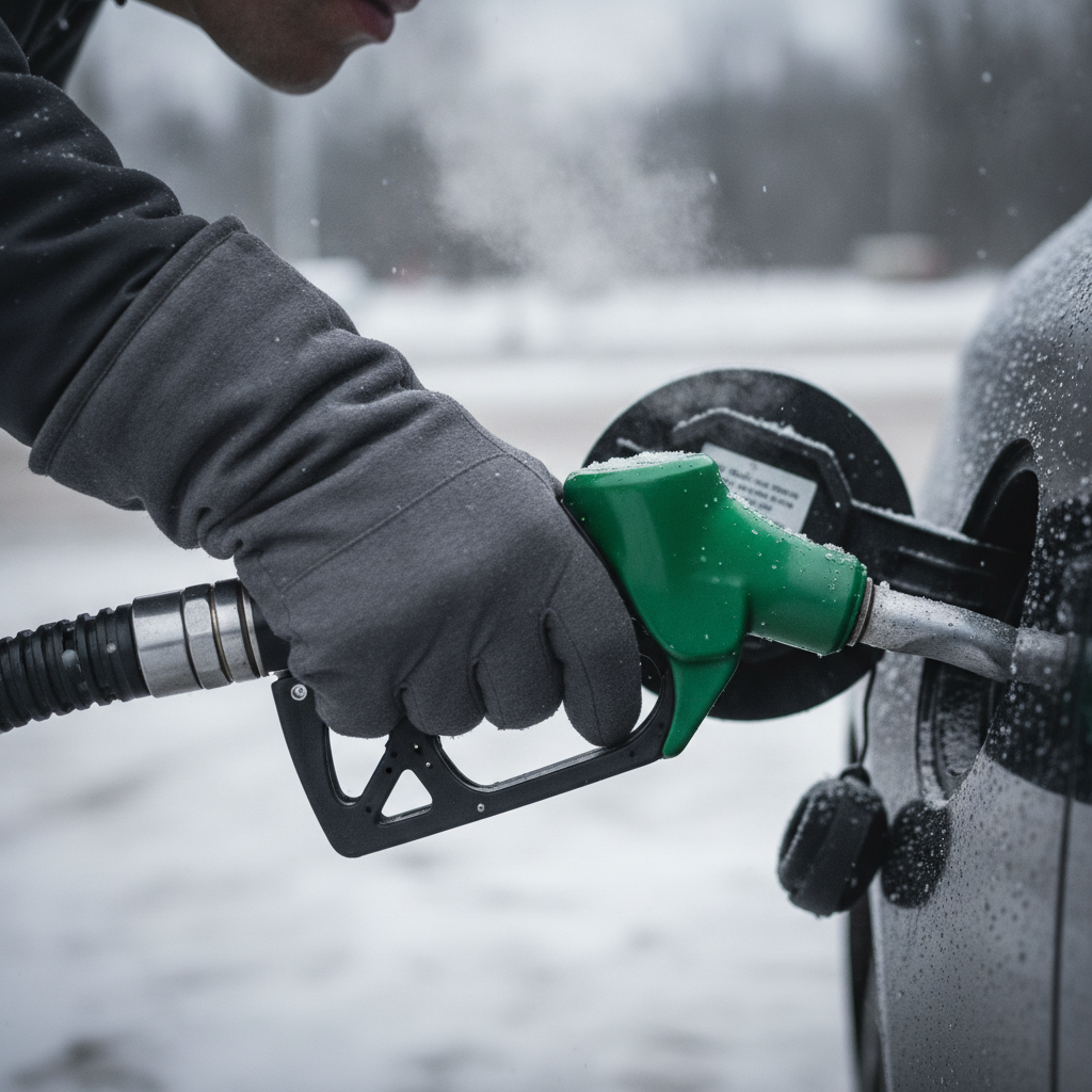Close-up of winter fueling at a 24/7 station, green nozzle in fuel port, representing gas stations open on Christmas