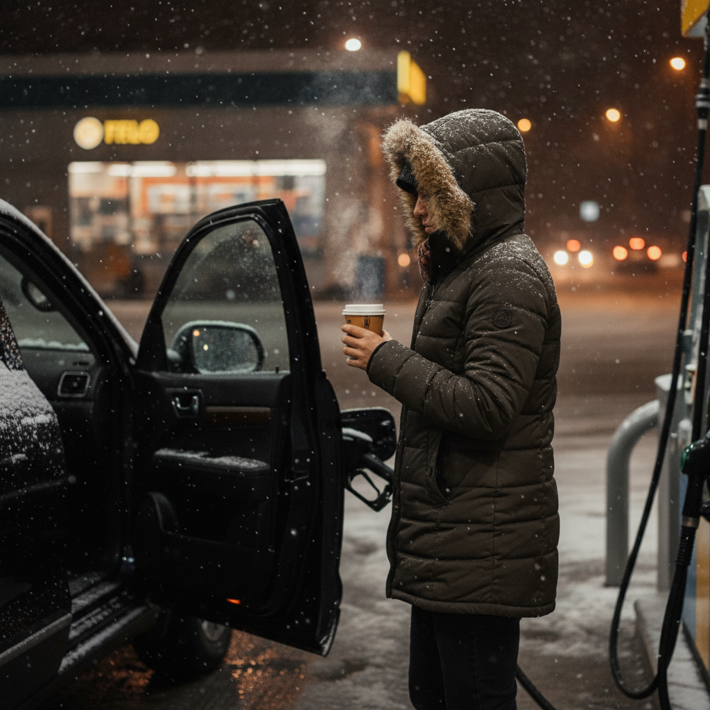 Driver holding hot coffee near pumps on a snowy night, illustrating safe holiday fueling stops