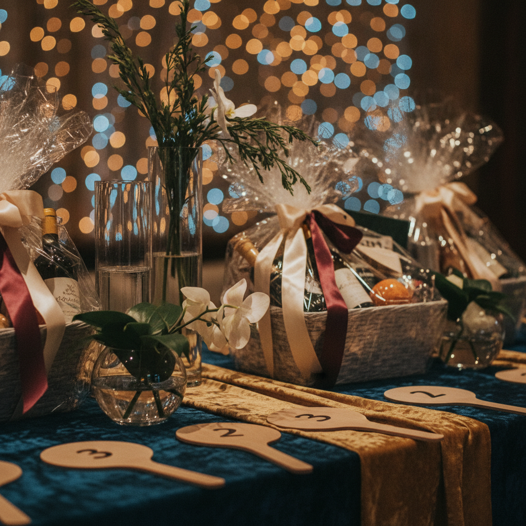 Silent auction table detail at a charity fundraiser venue in Mississauga with elegant décor and lighting