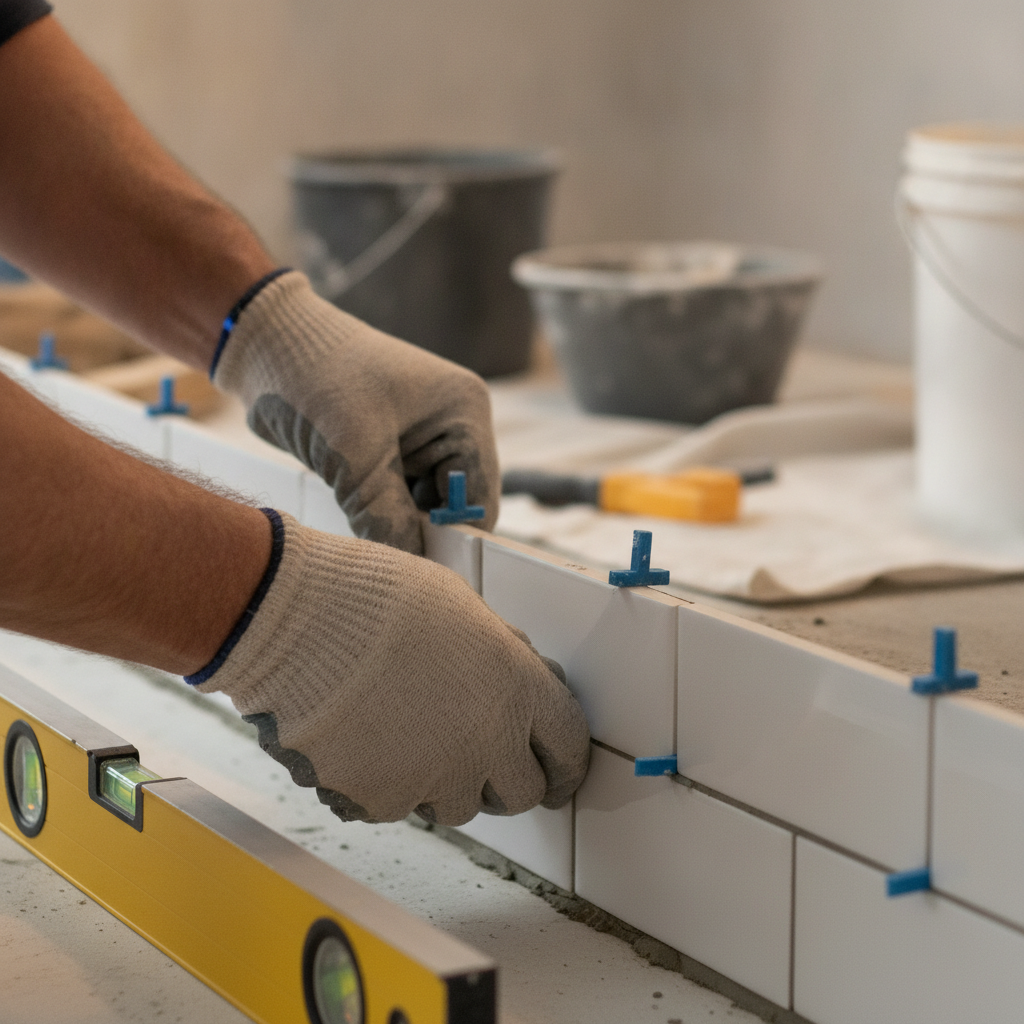 Close-up backsplash tile alignment during Edmonton kitchen remodel by licensed contractor