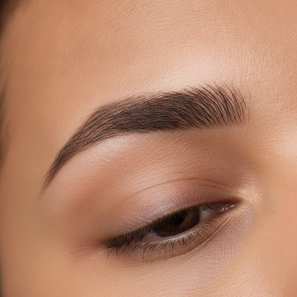 Close-up of healed ombre powder brow micropigmentation with soft pixel shading and natural front fade