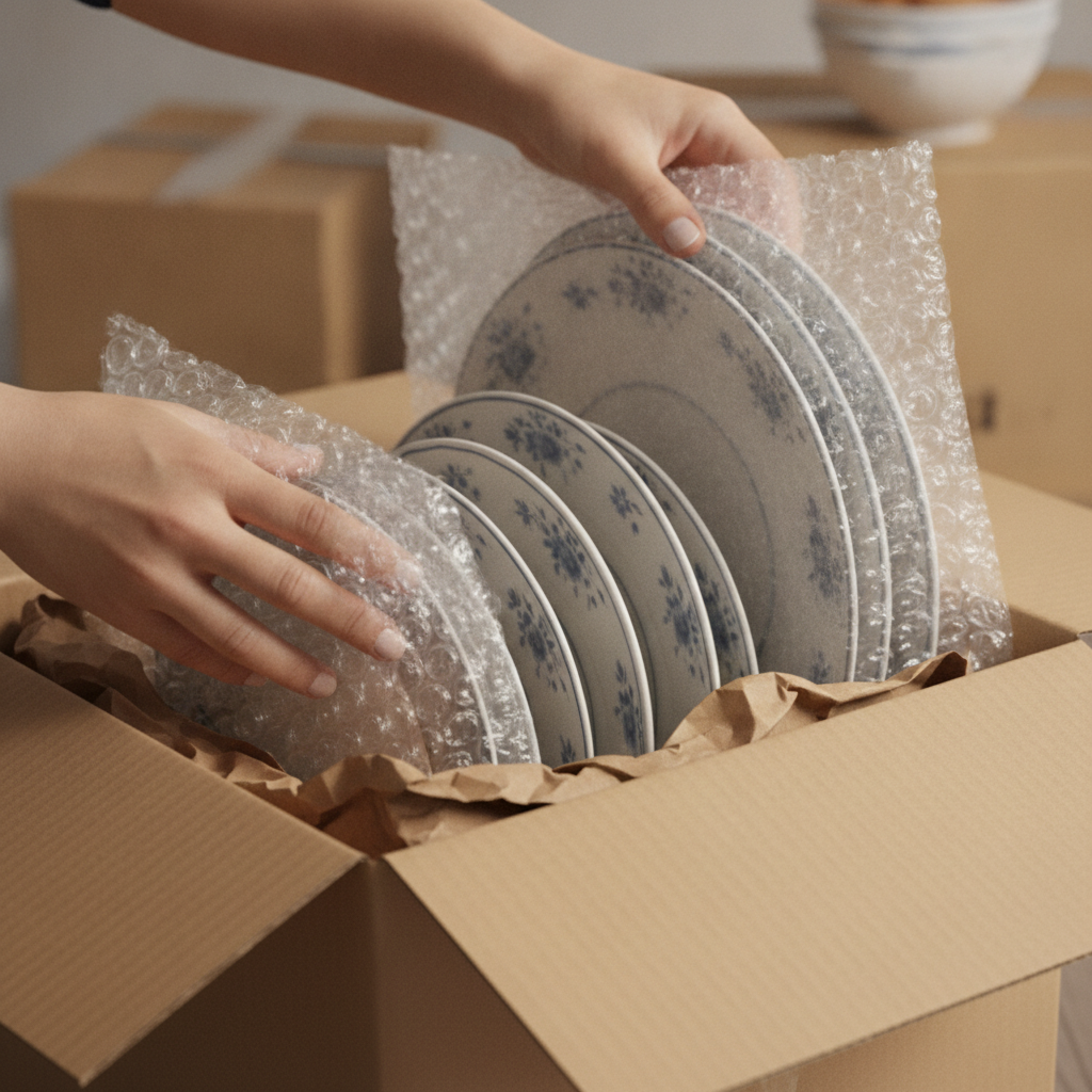 Close-up of dishes packed for a local move using bubble wrap and paper in a labeled box as part of a local move packing checklist