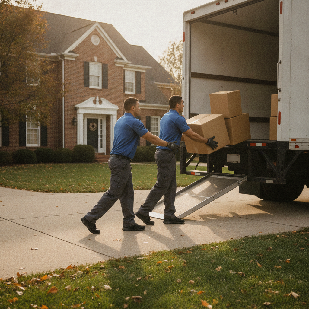 Professional movers loading labeled boxes into a truck as part of an organized local move packing plan