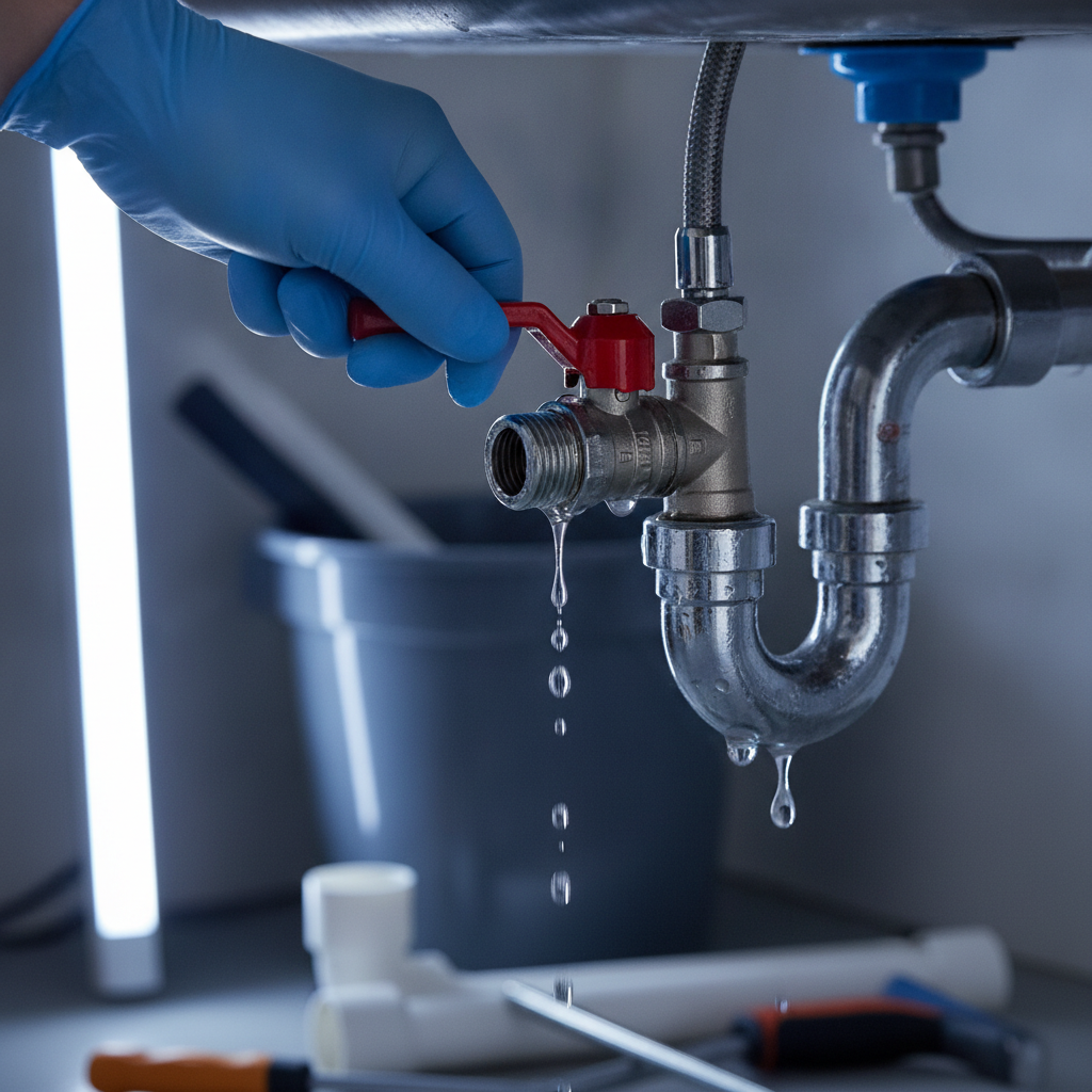 Close-up of apartment water shut-off valve under a sink during emergency repair service, showing dripping P-trap and chrome fittings in a London unit