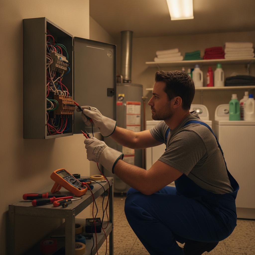 Electrician diagnosing a breaker panel in an apartment utility room as part of emergency repair services for apartments