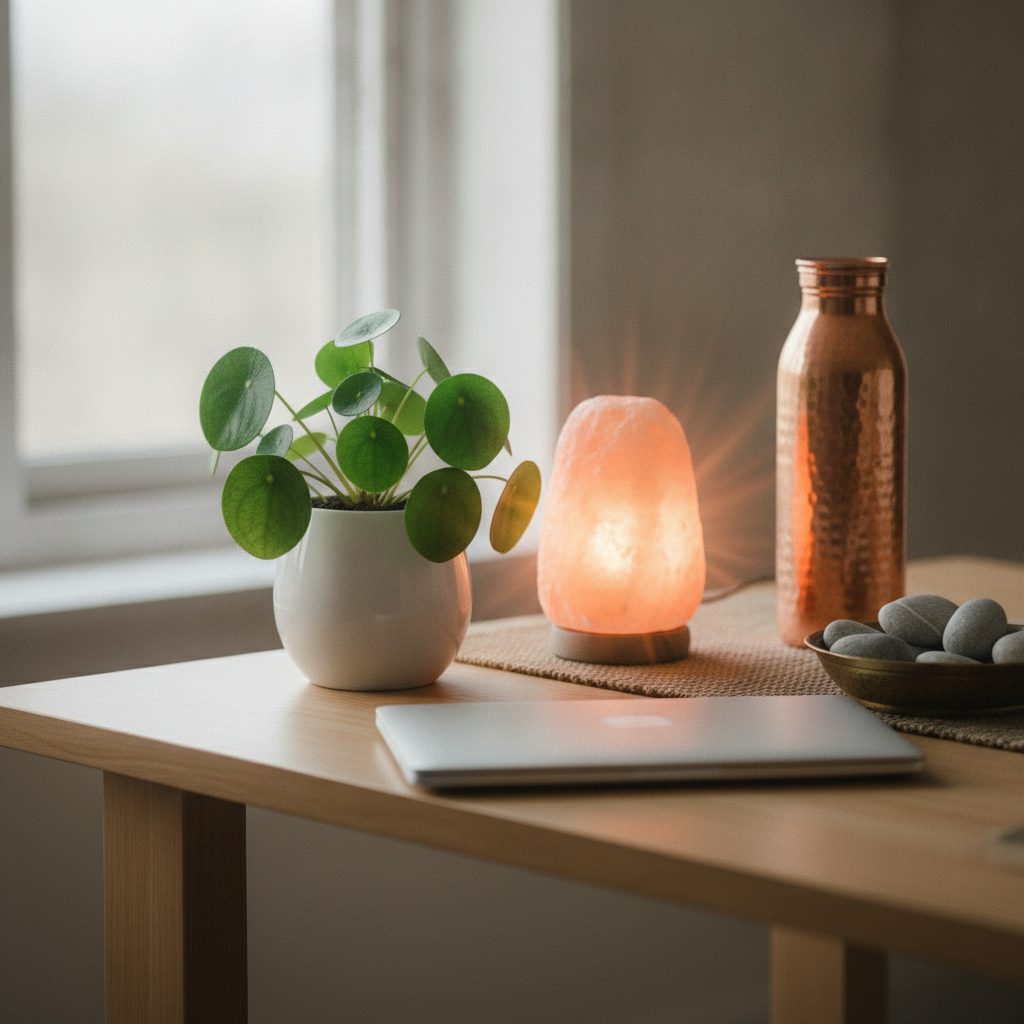 Close-up of a Vaastu-friendly home office desk with plant, Himalayan salt lamp, and copper water bottle supporting a balanced, clutter-free workspace