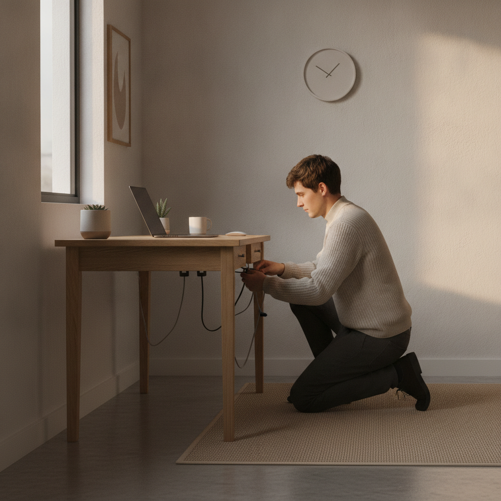 Side-angle view of a person aligning a minimalist home office desk, organizing cables, and positioning furniture to follow Vaastu best practices