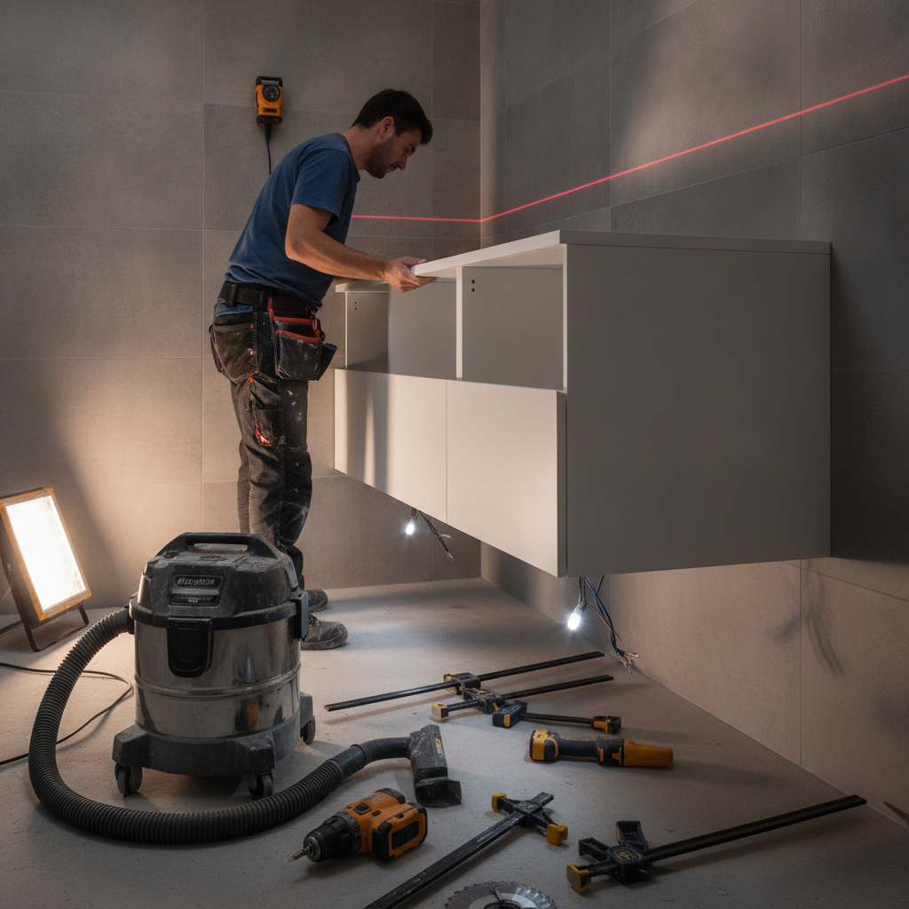 Bathroom Renovation Ideas: Create a Space You Love in 2026 2 Contractor installing a floating vanity during bathroom renovations using a laser level for accuracy and prewired lighting