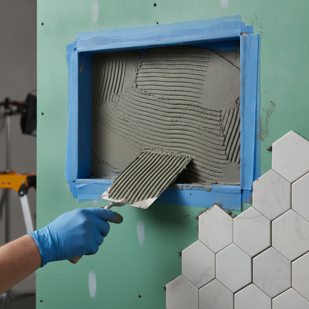 Bathroom Renovation Ideas: Create a Space You Love in 2026 1 Close-up of bathroom renovations waterproofing: thinset on cement board with blue membrane and precise porcelain hex tile alignment