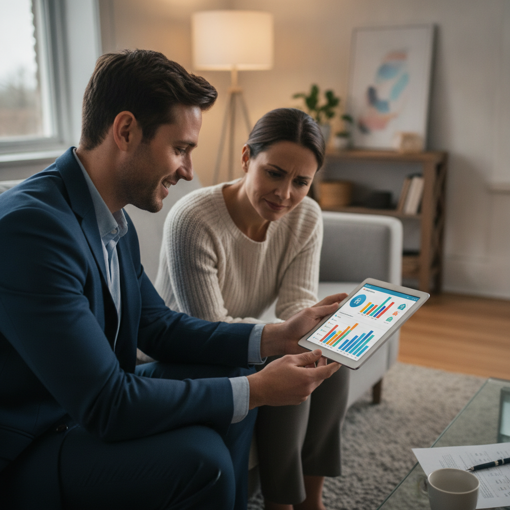 Mortgage broker and homeowner reviewing a tablet with a loan comparison interface to evaluate features before applying