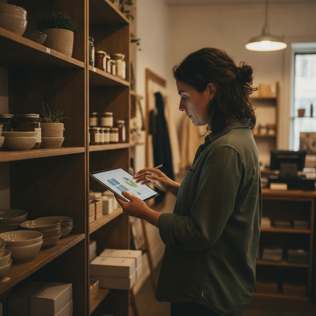 Retail staff using a tablet in a store aisle, showing real-world SaaS adoption for inventory and scheduling
