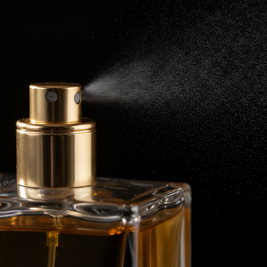 Close-up of a luxury perfume atomizer misting from a fragrance store test spray, showing droplet detail and amber liquid in glass