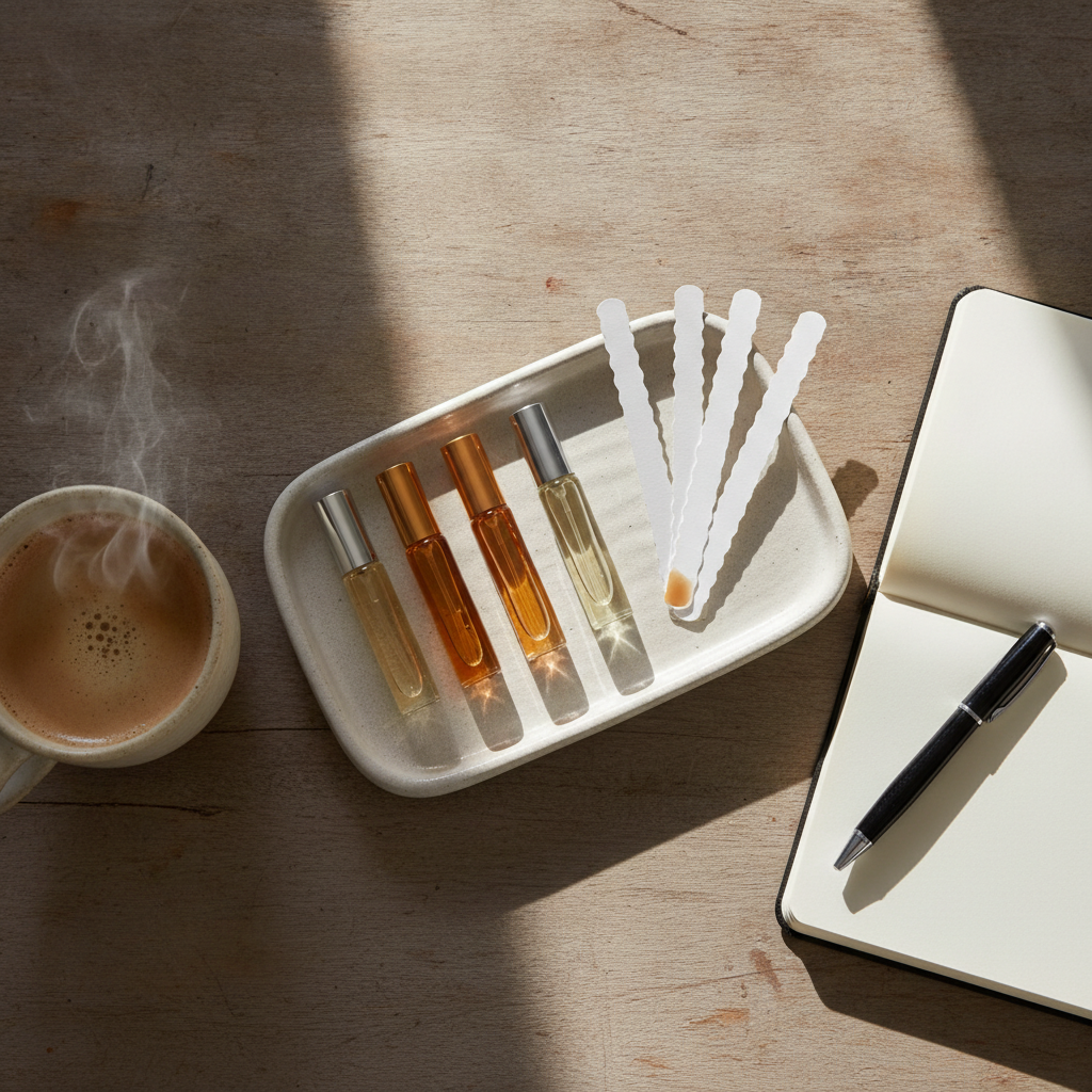 Top-down view of a discovery perfume sample set with blotter strips, vials, and a notebook arranged for at-home testing from a fragrance store