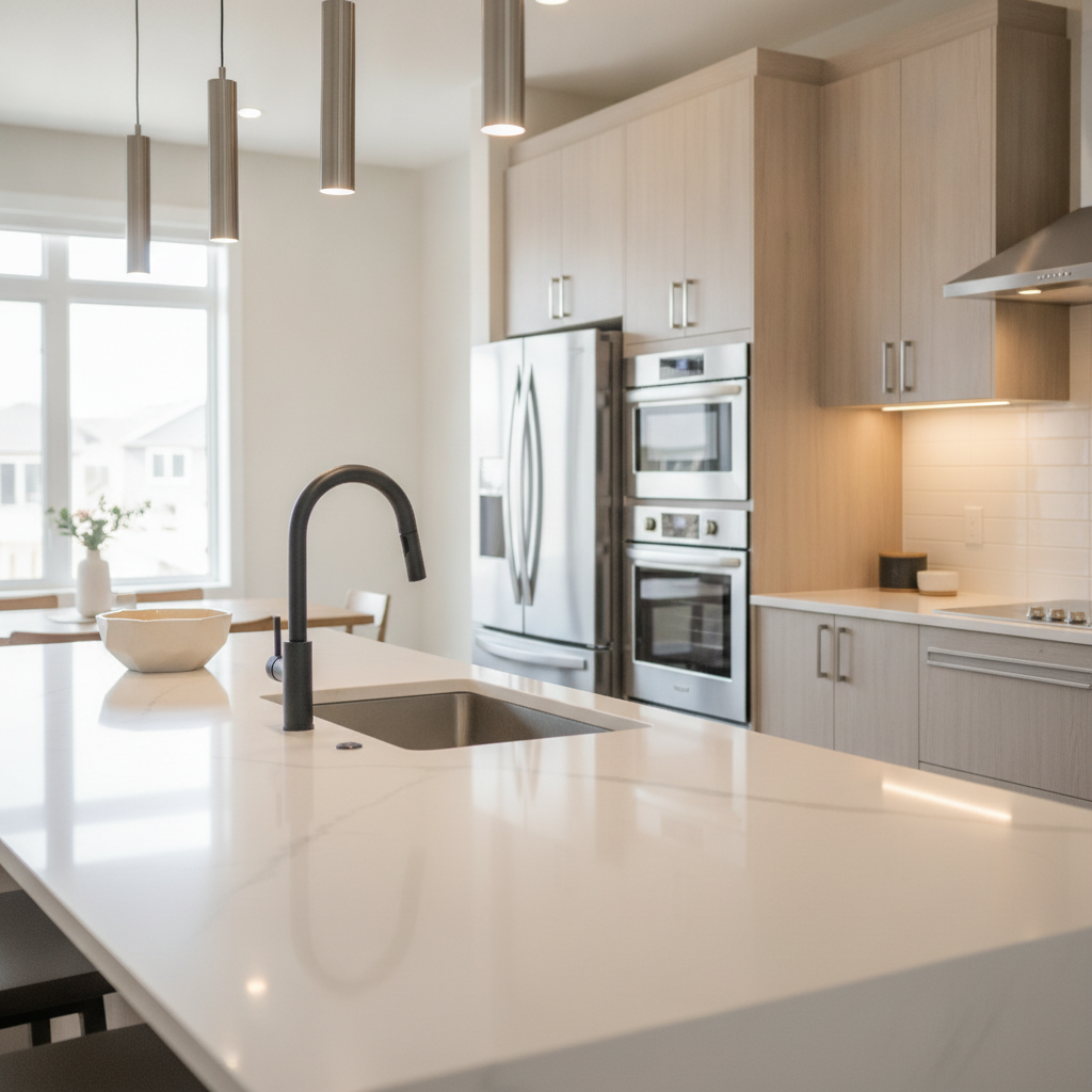 Contemporary kitchen inside Edmonton townhouse for sale with quartz island and stainless steel appliances, illustrating modern townhouse features buyers prefer