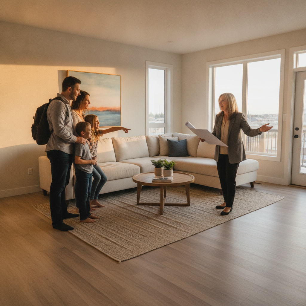 Family touring an Edmonton townhouse living room with large windows and LVP flooring, illustrating the buying process for Edmonton townhouses
