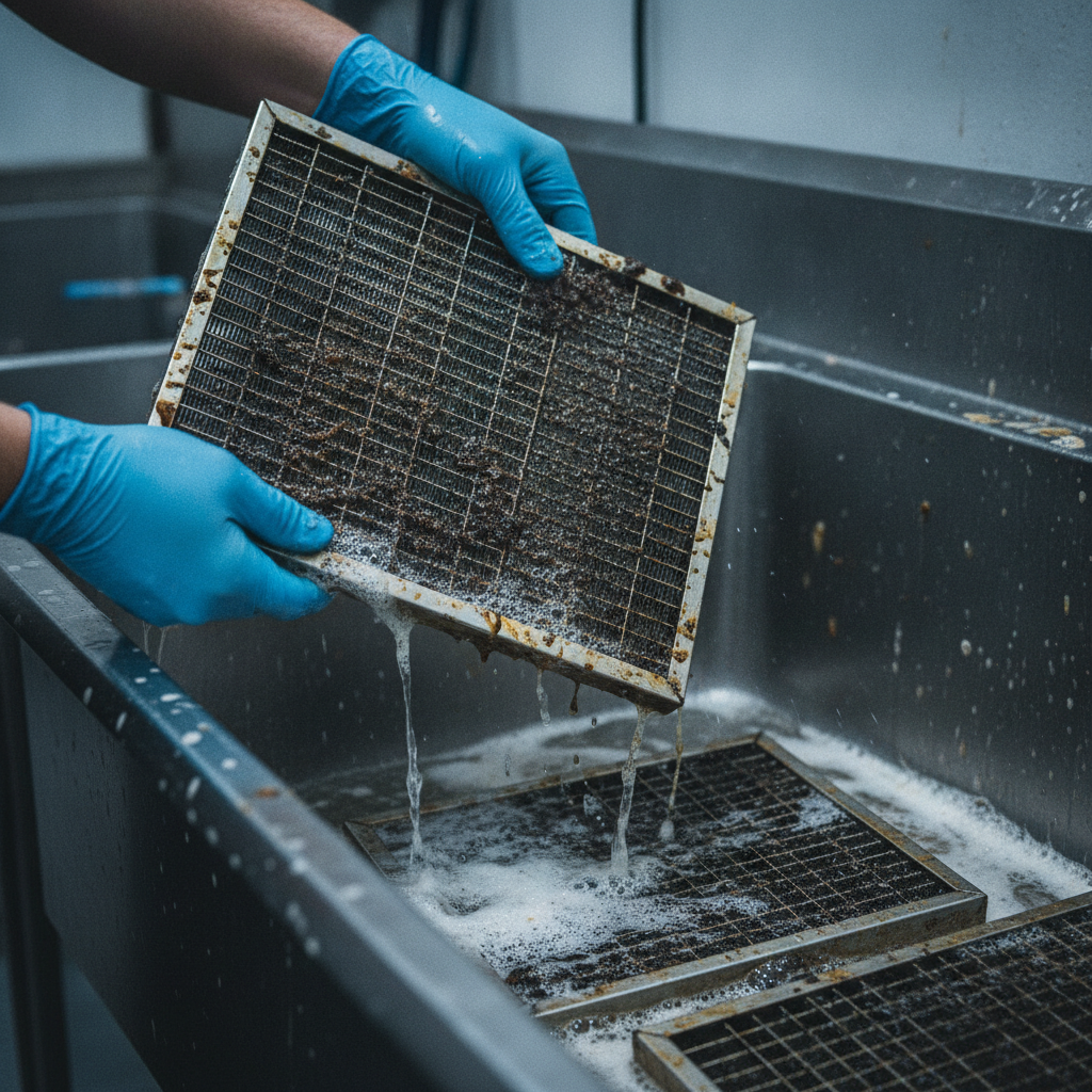 Close-up of baffle filter degreasing during commercial kitchen cleaning showing filter cleaning exchange process for Ontario restaurants