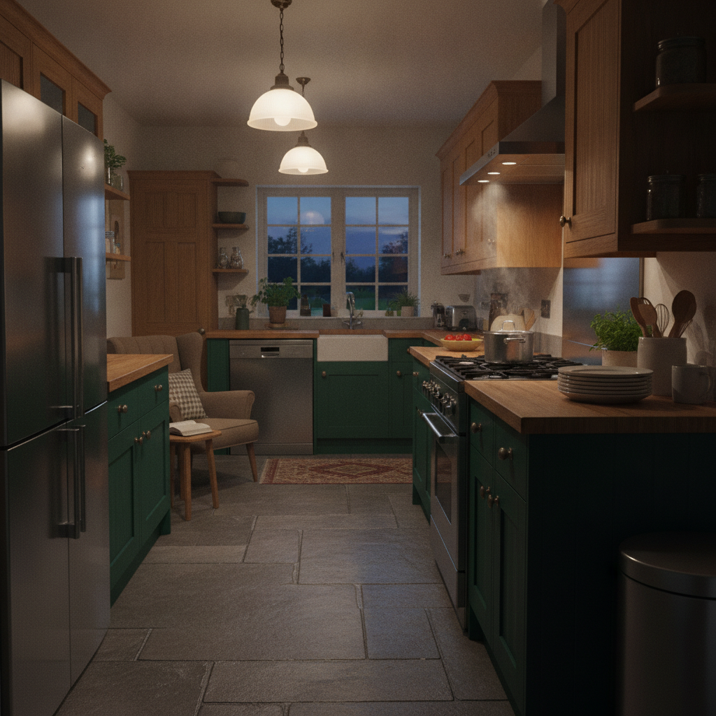 York kitchen with two-tone colored cabinets: forest green base units, warm wood accents, and stainless appliances under warm evening light