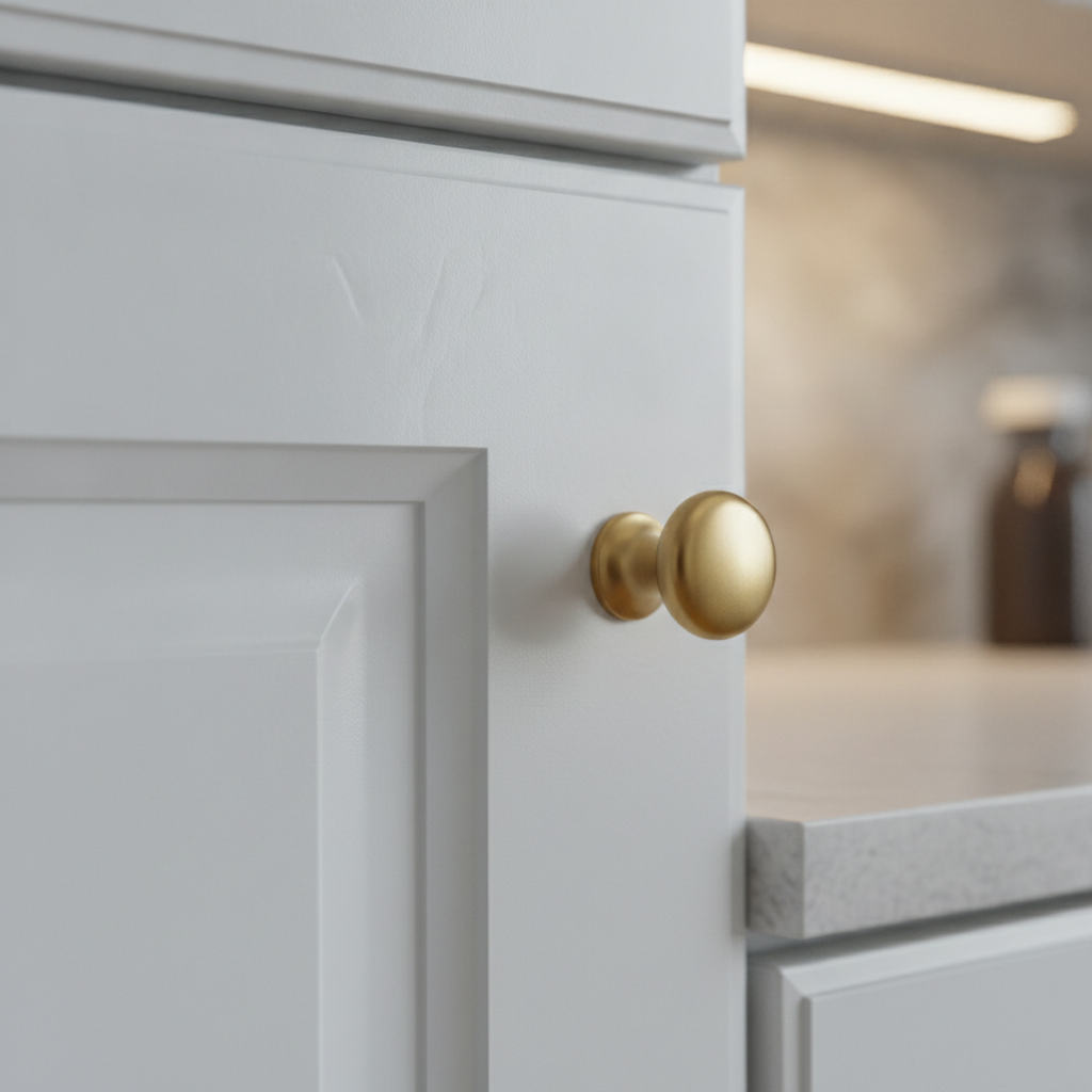 Close-up of a freshly sprayed shaker cabinet door in satin finish showing smooth paint and crisp edges for colored kitchen cabinets
