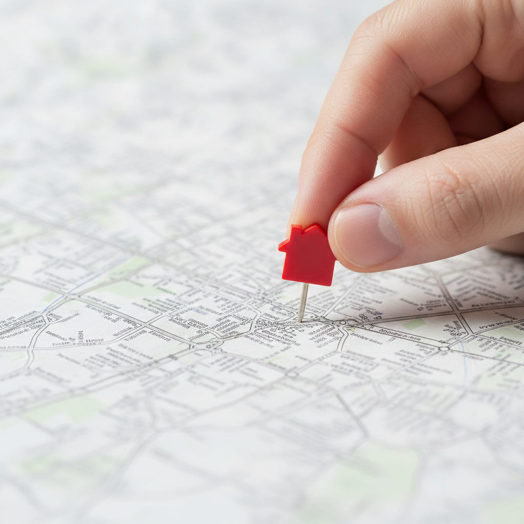 Close-up of placing a house pin on an MLS map during Cambridge home search