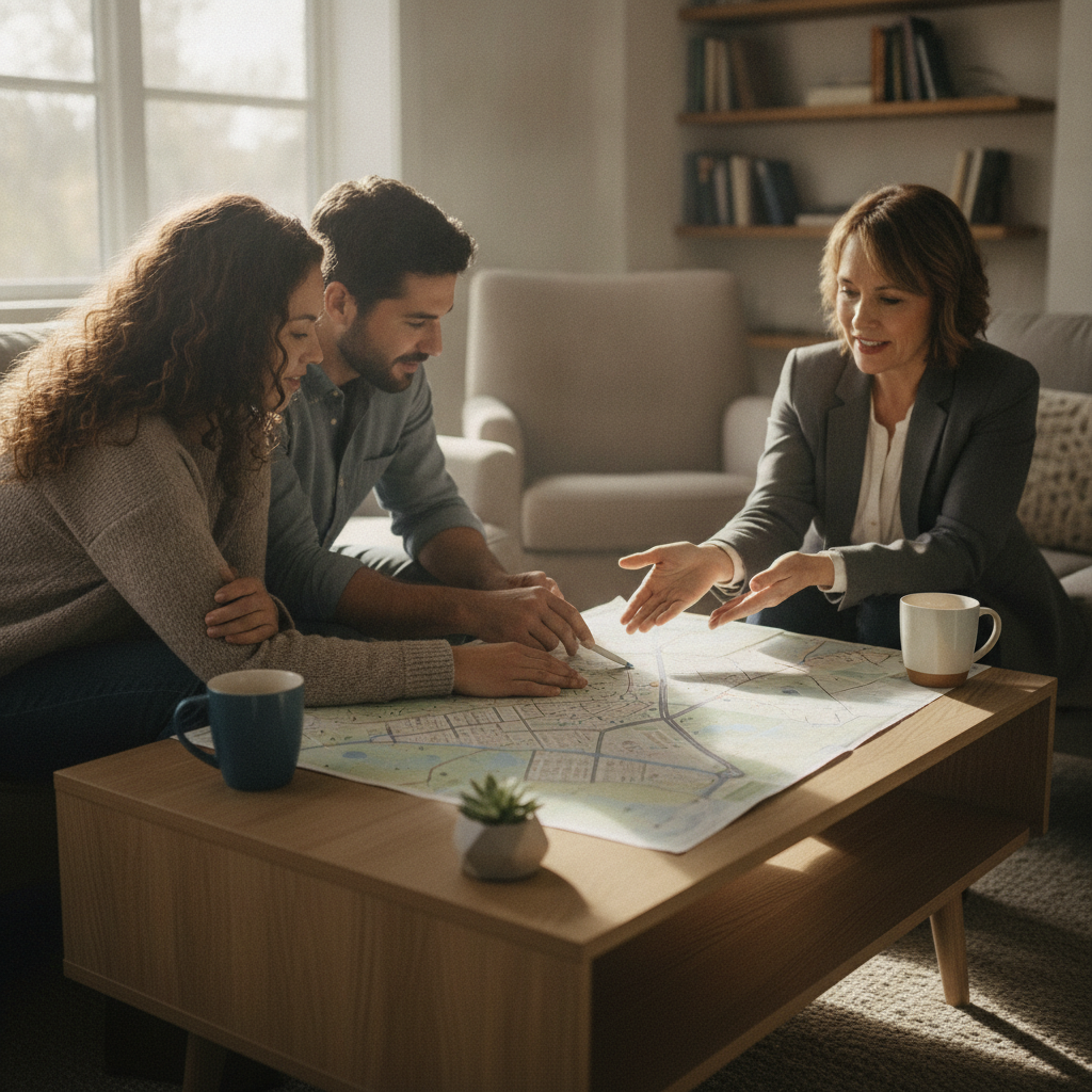 Realtor and buyers reviewing a neighborhood map to plan Cambridge MLS tours