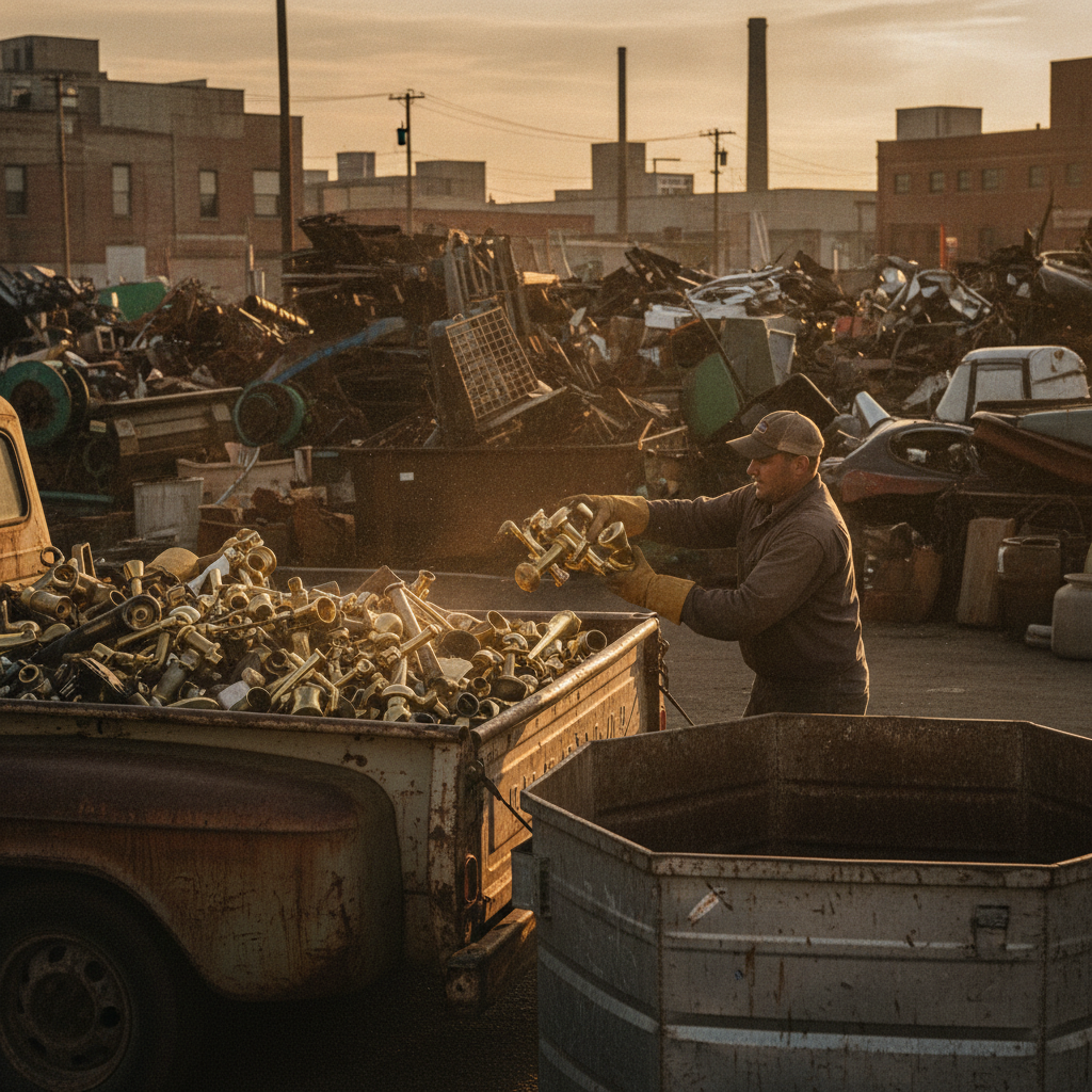 Worker loading brass fixtures into a bin at an Etobicoke scrap yard to maximize the brass scrap price today