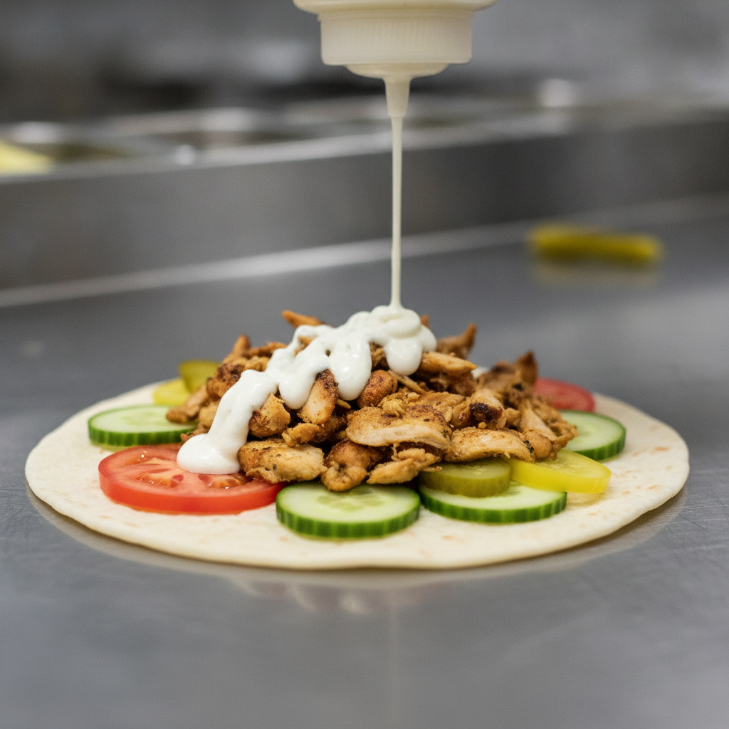 Close-up of a chicken shawarma wrap being assembled with fresh toppings during online order prep, illustrating the food ordering checklist