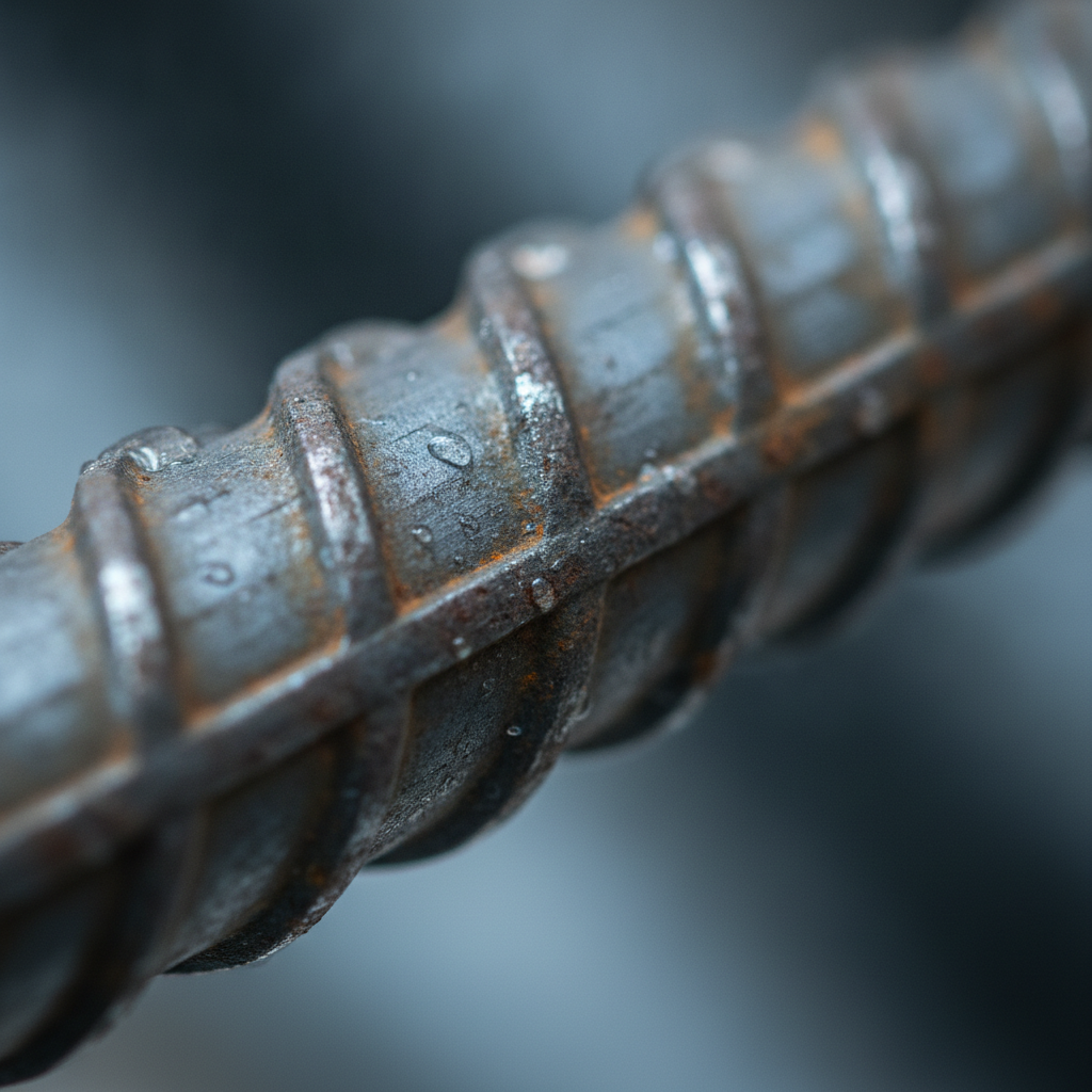 Close-up of 15M rebar deformations: ribbed steel surface detail for strong concrete bond and crack control