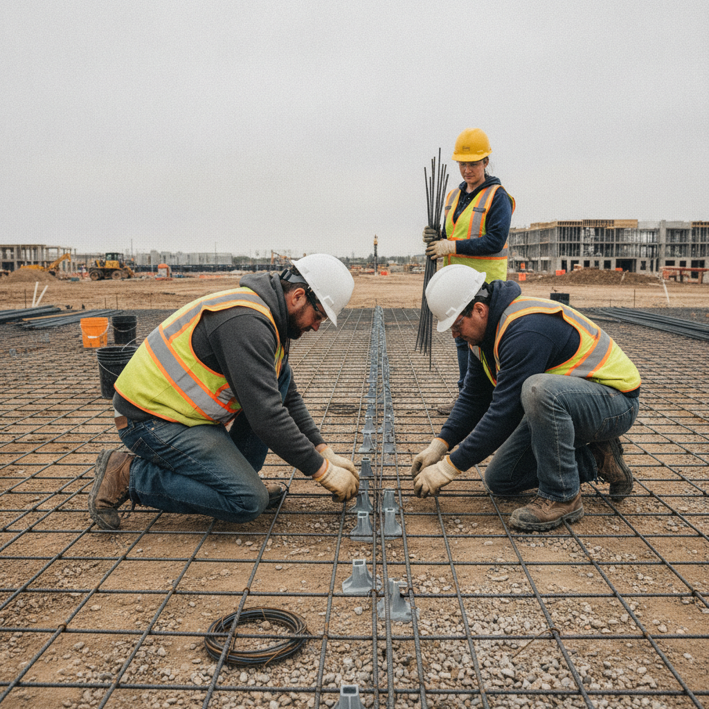 Crew assembling a 15M rebar slab grid with tie wire and chairs on a commercial jobsite in overcast daylight