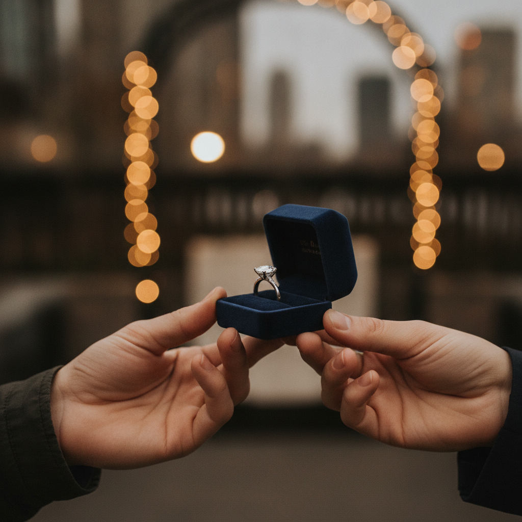 Proposal scene presenting a lab-grown diamond engagement ring, illustrating lifestyle fit for lab made diamond engagement rings