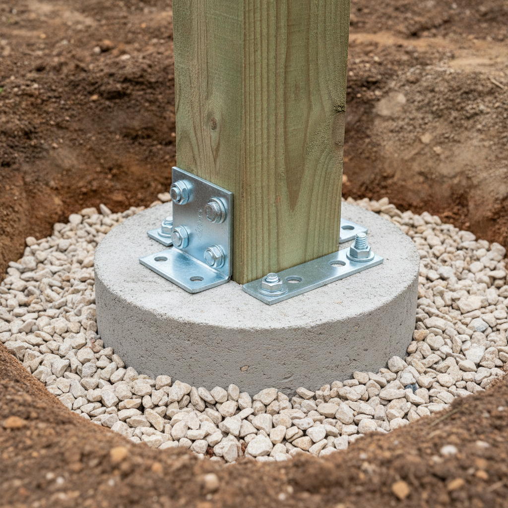 Close-up of a pressure-treated fence post in concrete footing below frost depth, showcasing proper Mississauga fence installation planning details