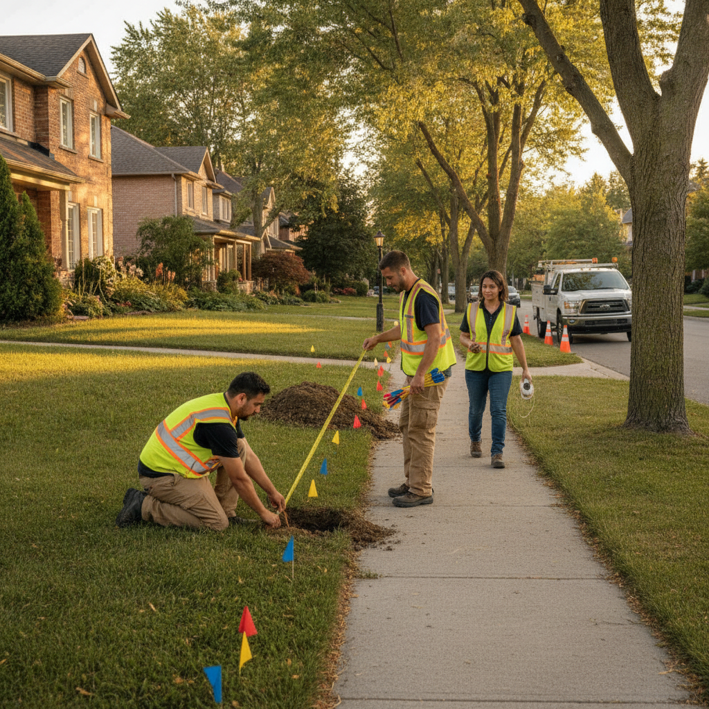 Crew marking property lines with measuring tape and utility locate flags during Mississauga fence installation planning