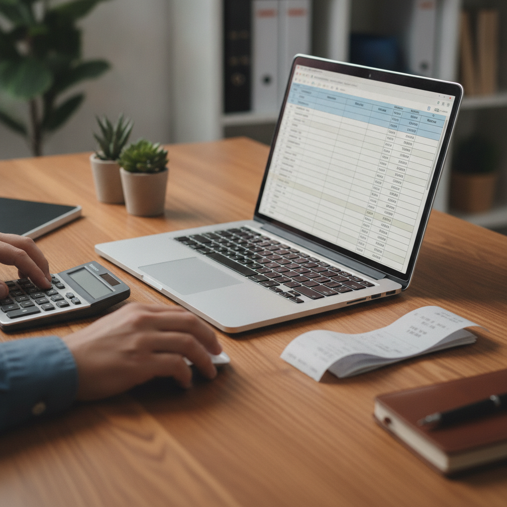 Close-up of small business bookkeeping: hands reconciling bank transactions in Xero or QuickBooks with calculator and receipts for accountant services