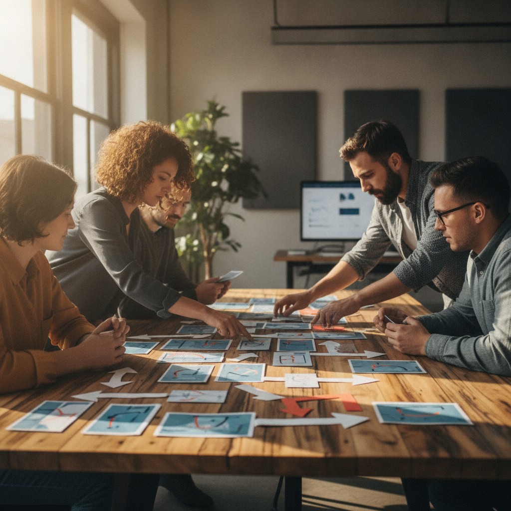 SEO team arranging a visual sitemap to plan internal links and crawl paths for better crawlability