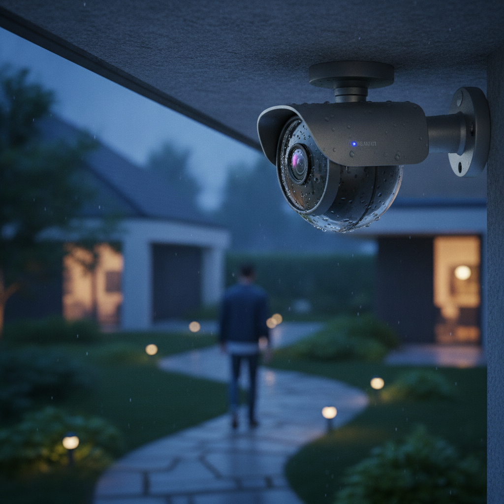 Outdoor smart security camera at dusk as part of a smart home automation security-first approach